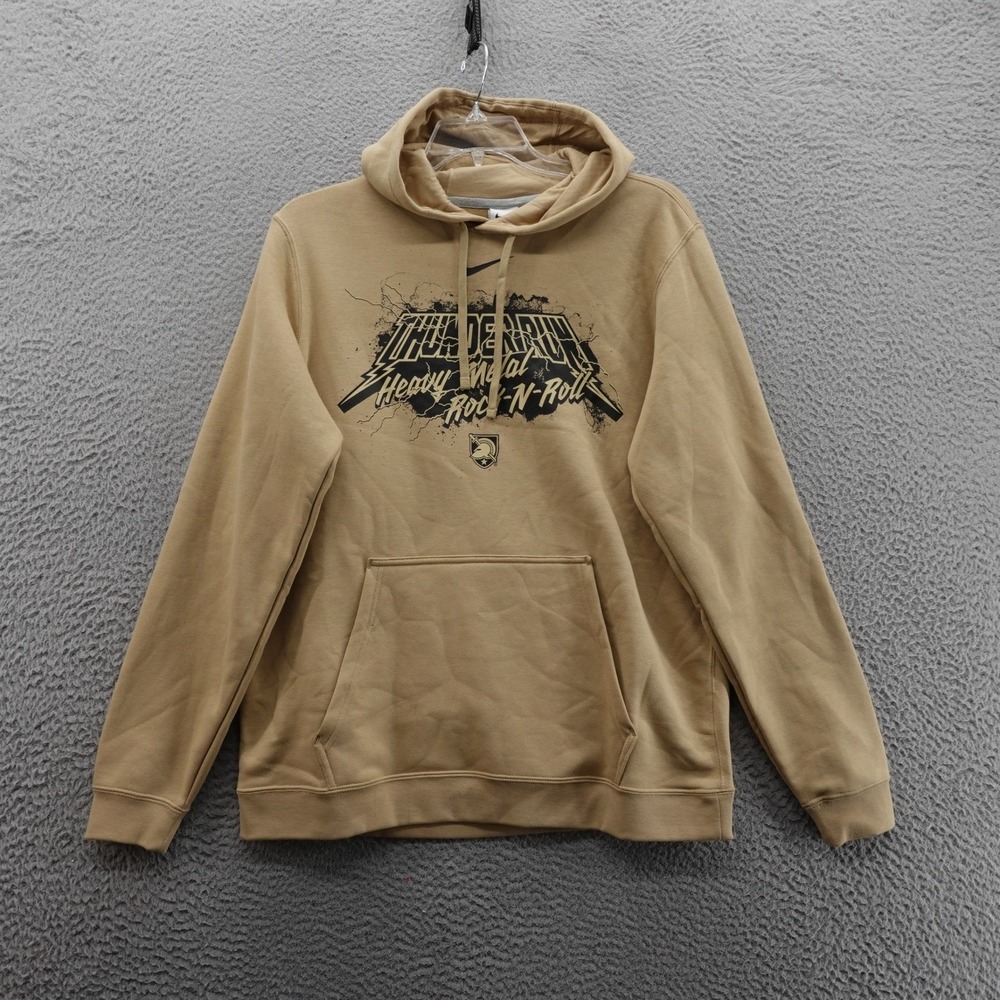 Nike Club Fleece Hoodie Mens Large Tan Thunder Run Heavy Metal Rock Graphic NEW